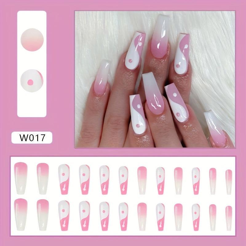 Long Pink French Press On Nails Coffin Glossy Design for Women & Girls