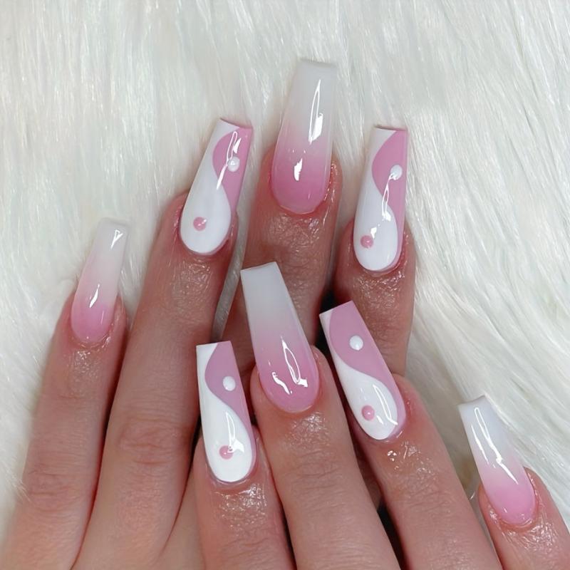 Long Pink French Press On Nails Coffin Glossy Design for Women & Girls