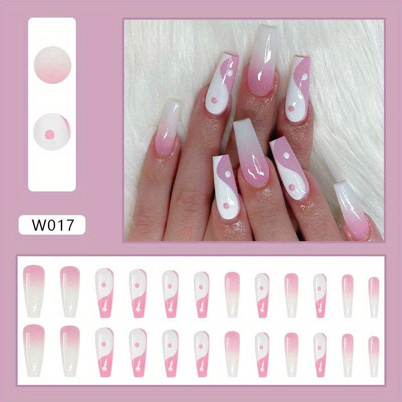 Long Pink French Press On Nails Coffin Glossy Design for Women & Girls