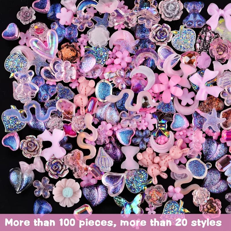 100 pcs 3D Resin Nail Charms Rose Flower Rabbit Animal Shaped Rhinestones Pearls