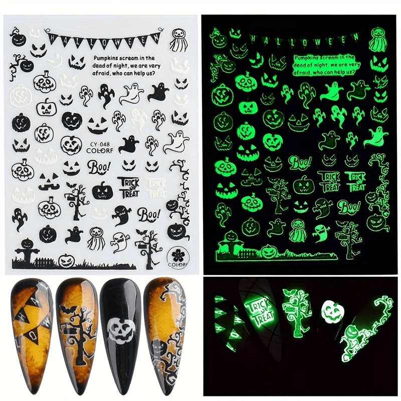 Halloween Nail Art Stickers Decals Glow In Dark Pumpkin Bat Ghost Designs