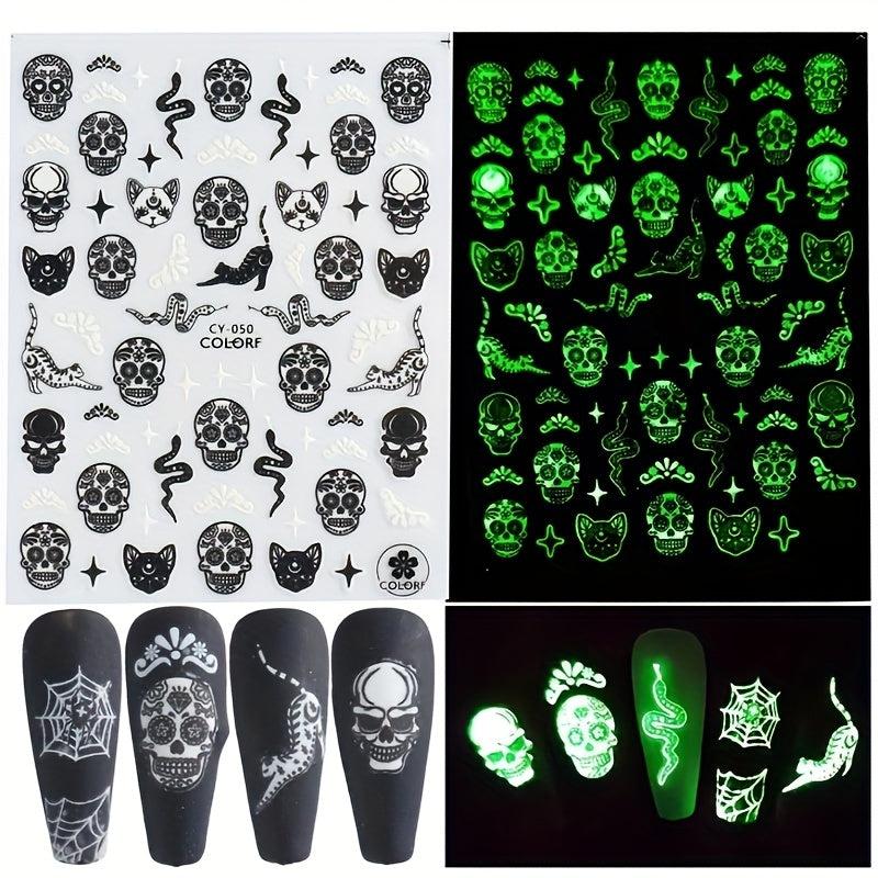 Halloween Nail Art Stickers Decals Glow In Dark Pumpkin Bat Ghost Designs