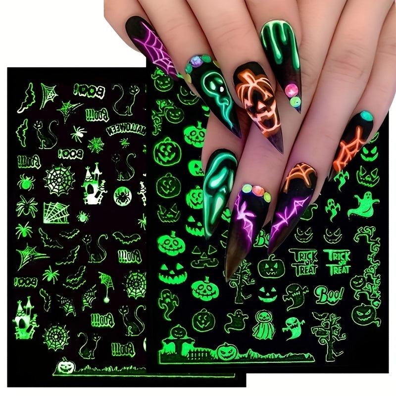 Halloween Nail Art Stickers Decals Glow In Dark Pumpkin Bat Ghost Designs