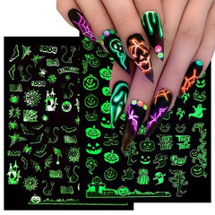 Halloween Nail Art Stickers Decals Glow In Dark Pumpkin Bat Ghost Designs