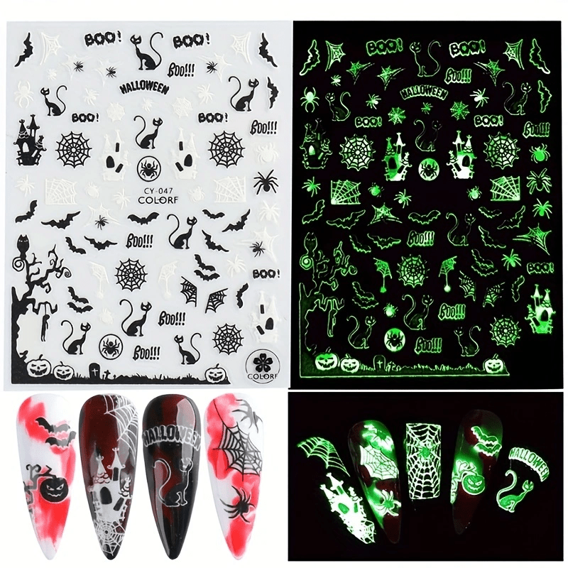Halloween Nail Art Stickers Decals Glow In Dark Pumpkin Bat Ghost Designs