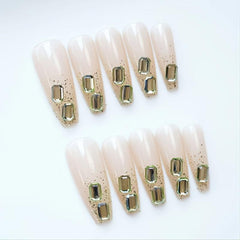 24pcs 3D Green Rhinestone Ballerina Press On Nails Glitter False Nails