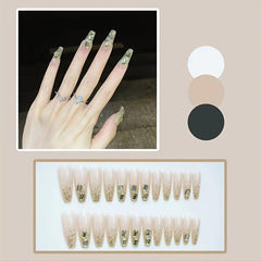 24pcs 3D Green Rhinestone Ballerina Press On Nails Glitter False Nails