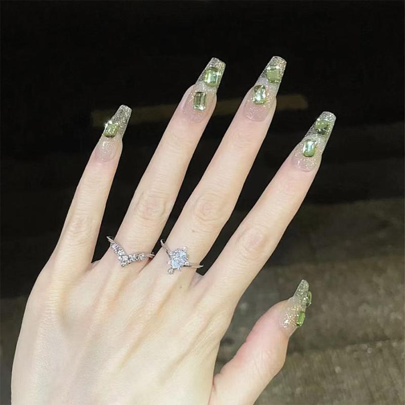 24pcs 3D Green Rhinestone Ballerina Press On Nails Glitter False Nails