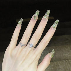 24pcs 3D Green Rhinestone Ballerina Press On Nails Glitter False Nails