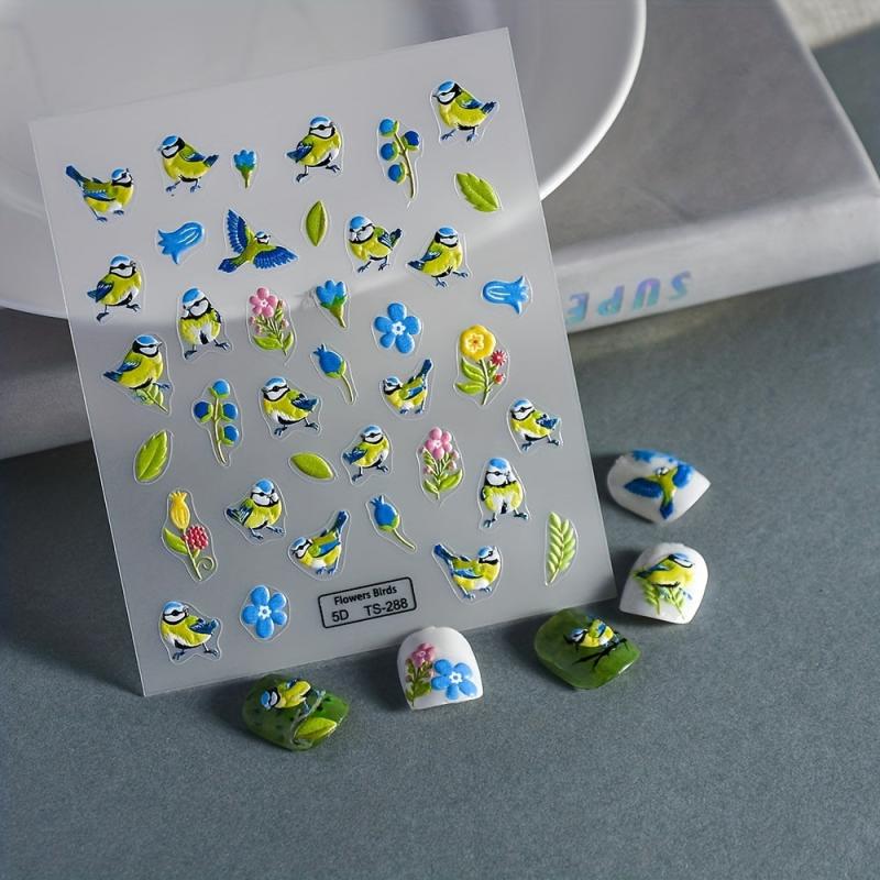 5D Embossed Flower And Bird Nail Art Stickers - Self Adhesive Nail Decals