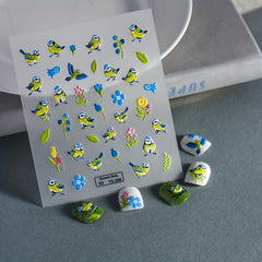 5D Embossed Flower And Bird Nail Art Stickers - Self Adhesive Nail Decals