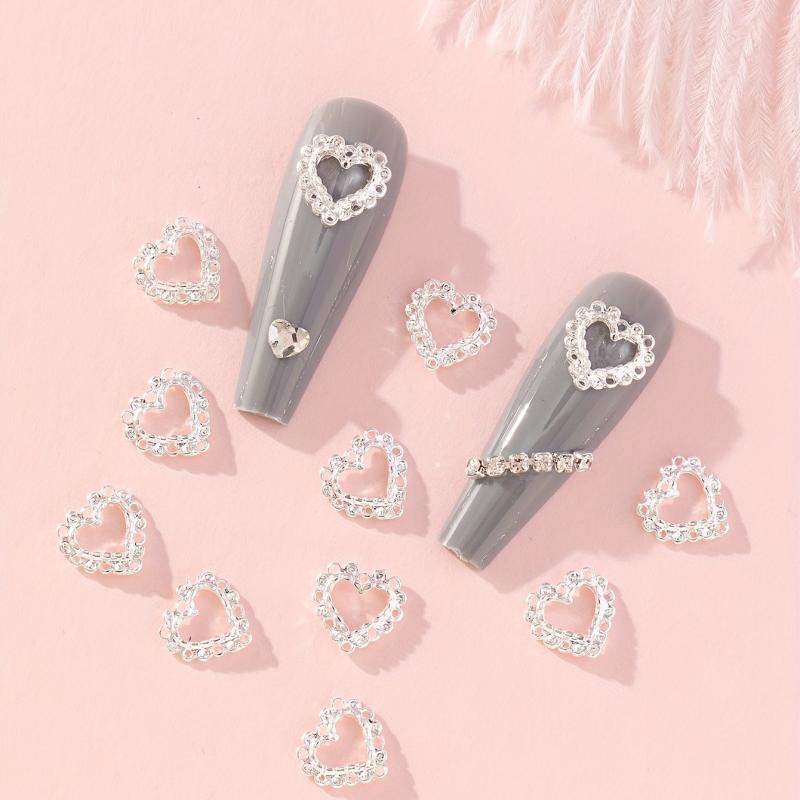 10pcs 3D Silver Alloy Hollow Heart Nail Rhinestone Nail Art Jewelry