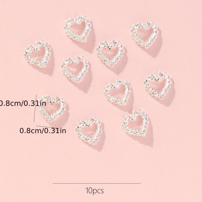 10pcs 3D Silver Alloy Hollow Heart Nail Rhinestone Nail Art Jewelry