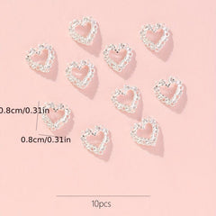 10pcs 3D Silver Alloy Hollow Heart Nail Rhinestone Nail Art Jewelry