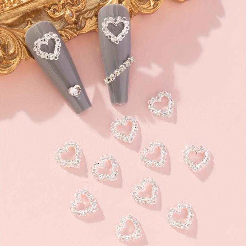 10pcs 3D Silver Alloy Hollow Heart Nail Rhinestone Nail Art Jewelry