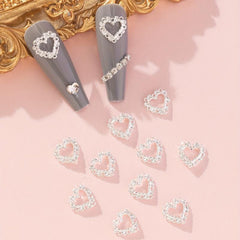 10pcs 3D Silver Alloy Hollow Heart Nail Rhinestone Nail Art Jewelry