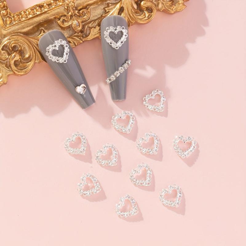10pcs 3D Silver Alloy Hollow Heart Nail Rhinestone Nail Art Jewelry