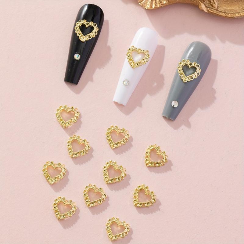 10pcs 3D Silver Alloy Hollow Heart Nail Rhinestone Nail Art Jewelry