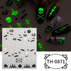 5pcs Luminous Halloween Nail Art Stickers Skull Witch Bat Nail Art Decals
