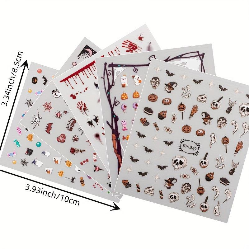 5pcs Luminous Halloween Nail Art Stickers Skull Witch Bat Nail Art Decals