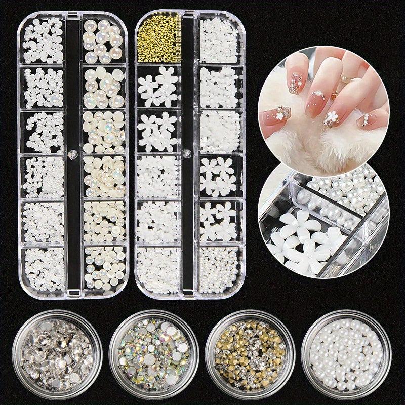 4pcs Flower Nail Art Charms Rhinestones Mixed Size Nail Pearls Nail DIY