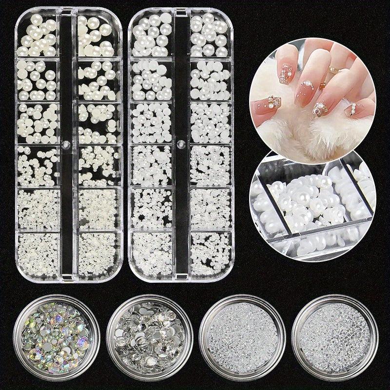 4pcs Flower Nail Art Charms Rhinestones Mixed Size Nail Pearls Nail DIY