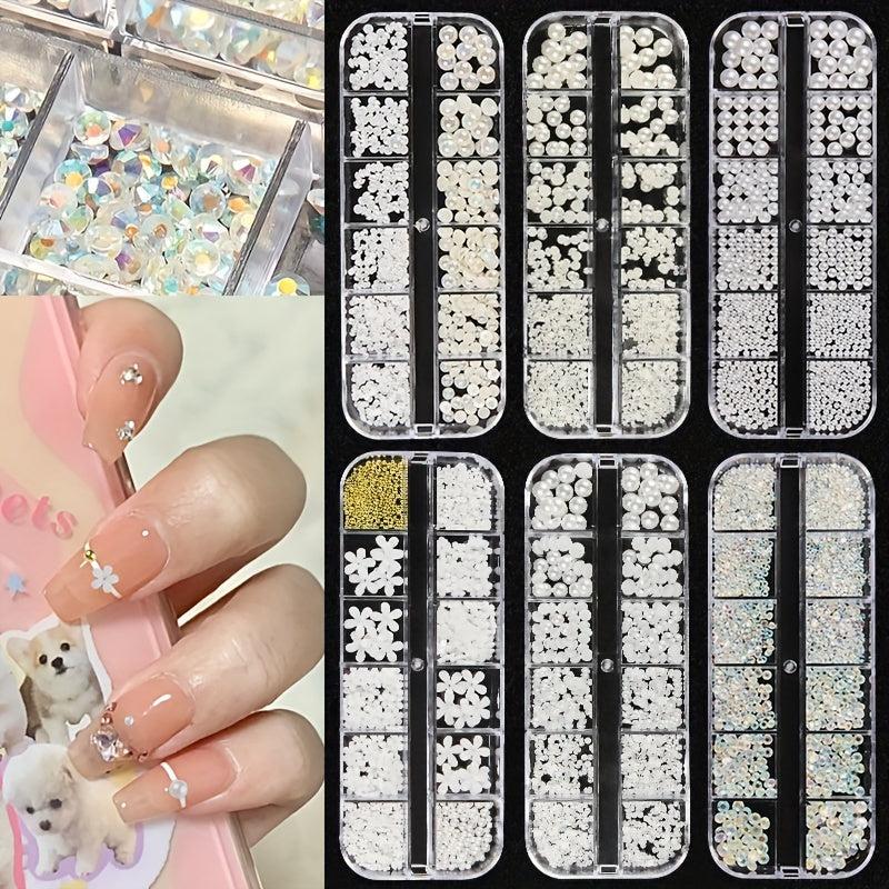 4pcs Flower Nail Art Charms Rhinestones Mixed Size Nail Pearls Nail DIY