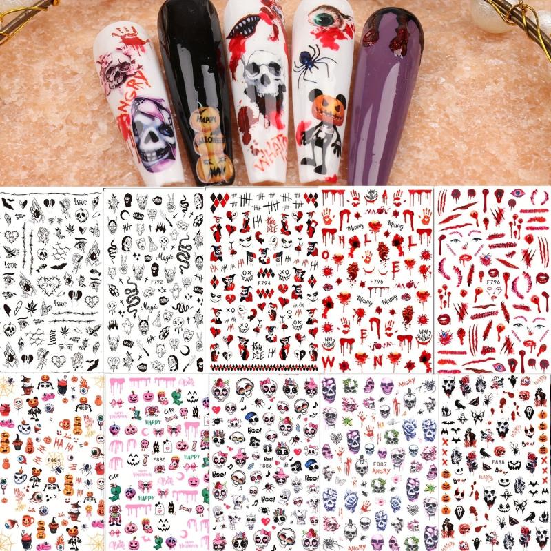 10 Halloween Nail Art Stickers Skull Ghost Pumpkin Spider Self Adhesive