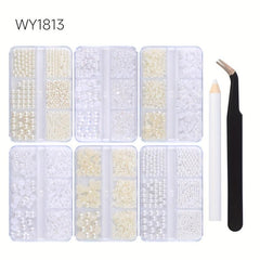 6 Boxes Nail Pearls Set With Tweezers And Drill Pen