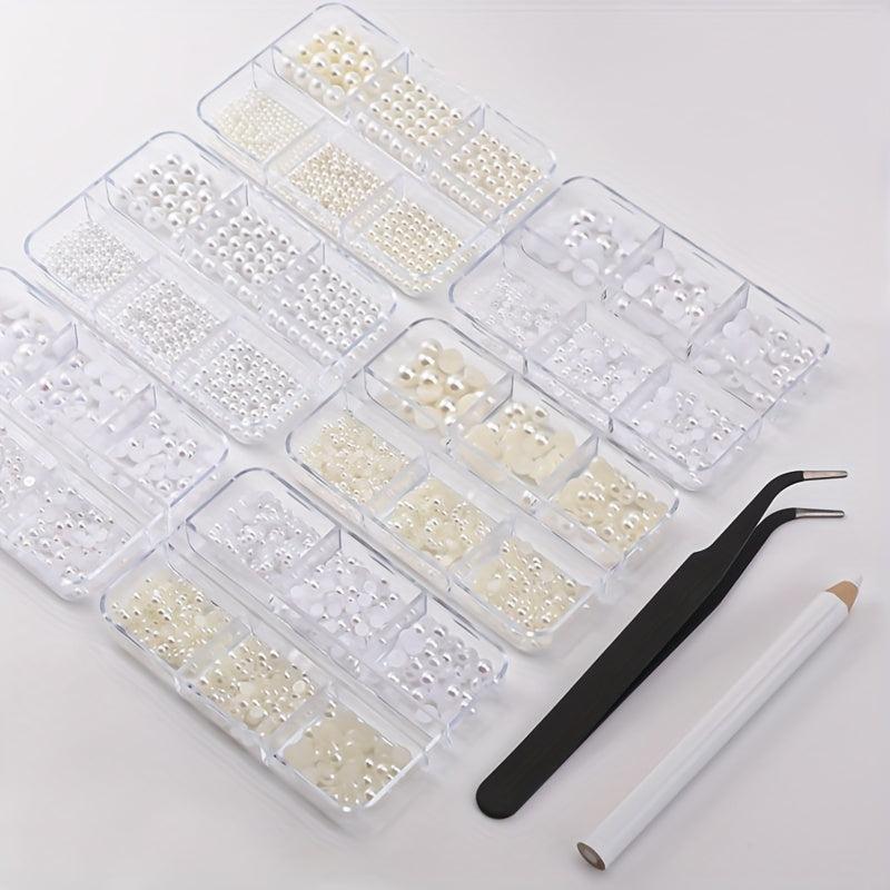 6 Boxes Nail Pearls Set With Tweezers And Drill Pen