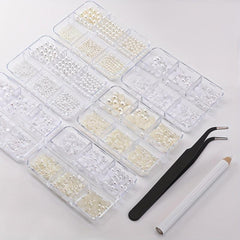 6 Boxes Nail Pearls Set With Tweezers And Drill Pen