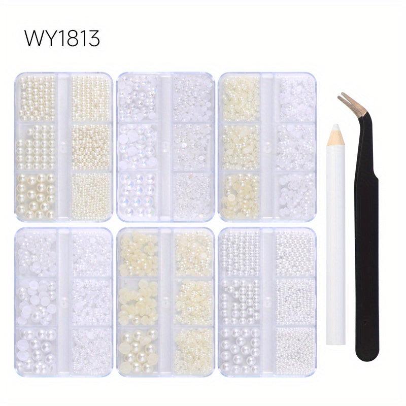 6 Boxes Nail Pearls Set With Tweezers And Drill Pen