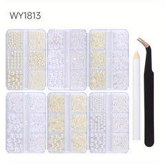 6 Boxes Nail Pearls Set With Tweezers And Drill Pen