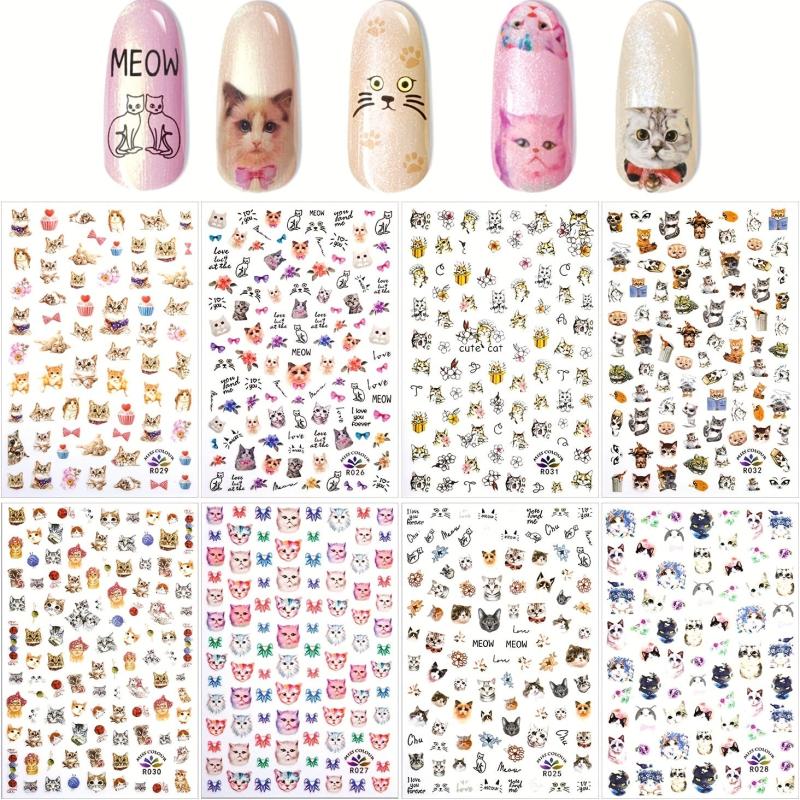 8pcs Cat Nail Art Stickers Self Adhesive Nail Art Decals For DIY Or Nail Salons