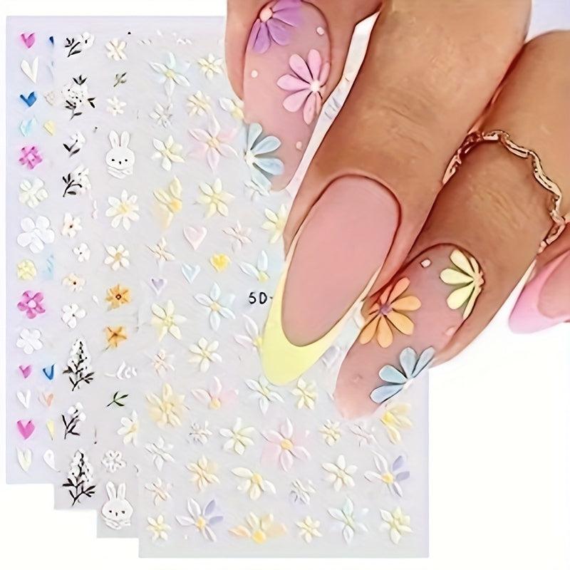 5D Embossed Flower Bunny Nail Art Stickers Self Adhesive Daisy Nail Art Decals