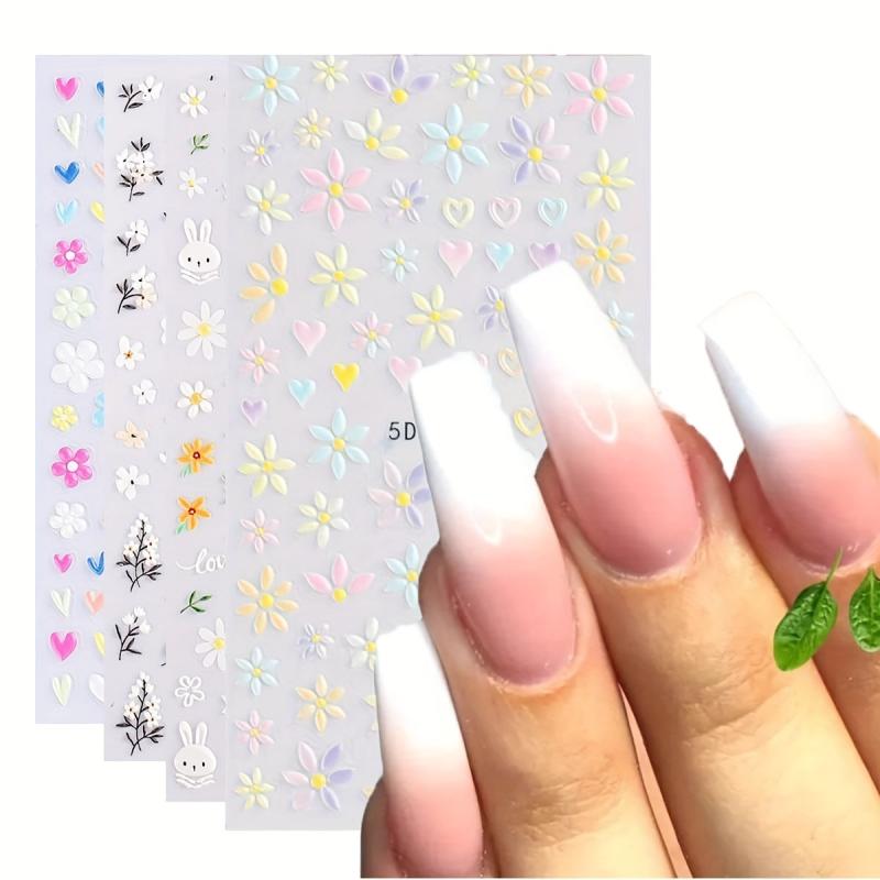 5D Embossed Flower Bunny Nail Art Stickers Self Adhesive Daisy Nail Art Decals
