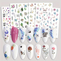24pcs Flower Snake Nail Art Stickers Self Adhesive Decals Summer Floral Design