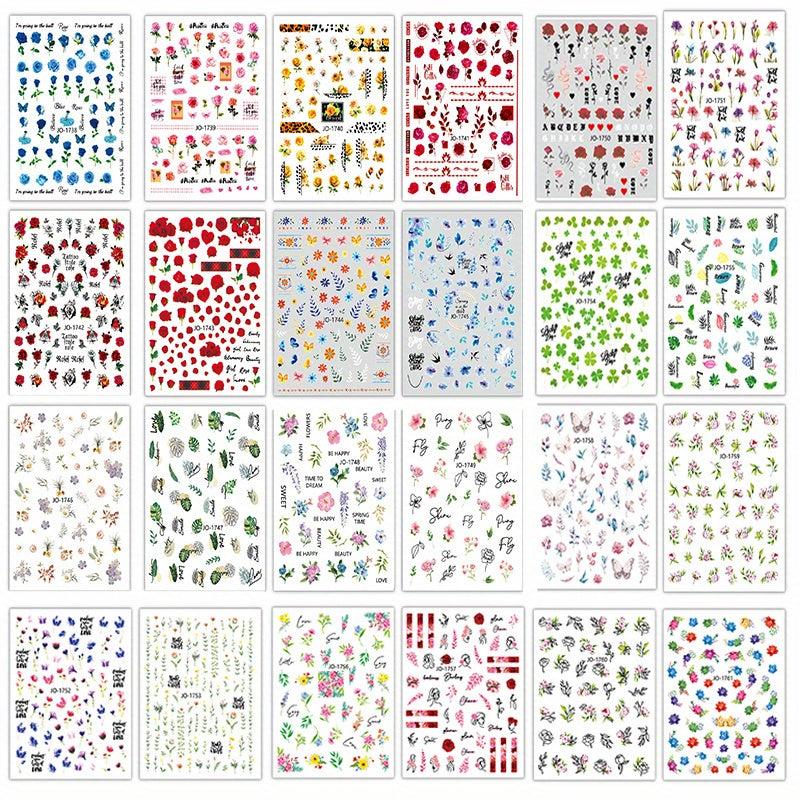 24pcs Flower Snake Nail Art Stickers Self Adhesive Decals Summer Floral Design