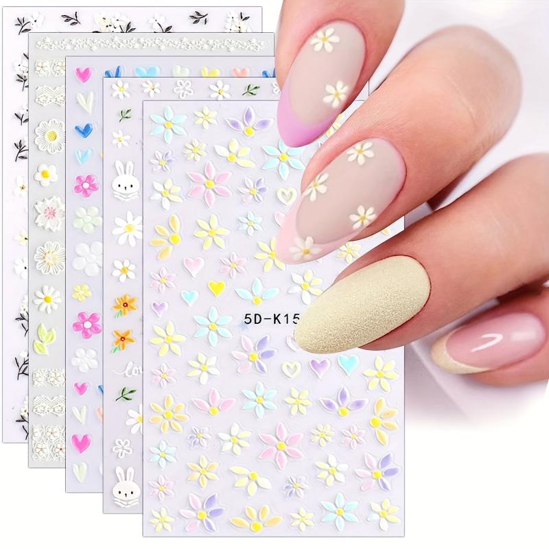5pcs 5D Embossed Floral Nail Stickers Self Adhesive Daisy Nail Decals
