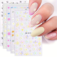 5pcs 5D Embossed Floral Nail Stickers Self Adhesive Daisy Nail Decals