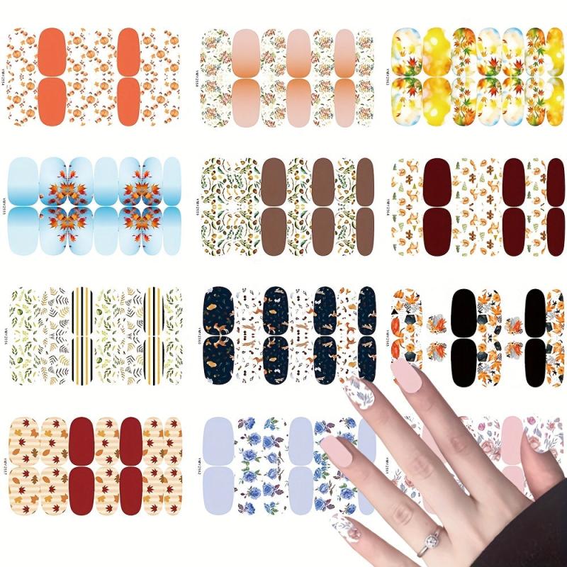 12 Fall Nail Wraps Stickers Maple Leaf Flower Decals DIY Thanksgiving Decor