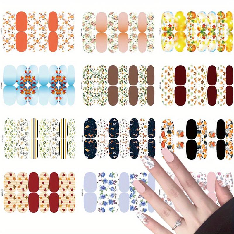 12 Fall Nail Wraps Stickers Maple Leaf Flower Decals DIY Thanksgiving Decor