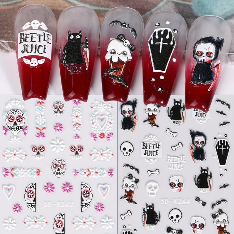 Halloween Nail Art Stickers 5D Embossed Skull Skeleton Cross Nail Decals