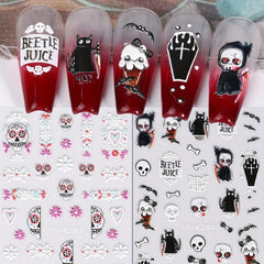 Halloween Nail Art Stickers 5D Embossed Skull Skeleton Cross Nail Decals