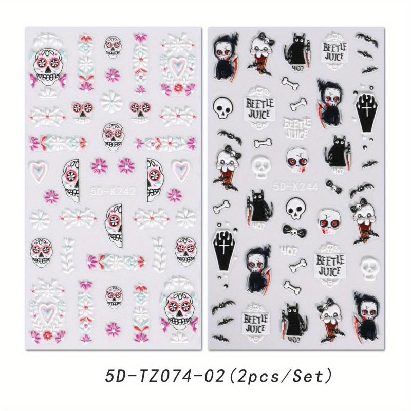 Halloween Nail Art Stickers 5D Embossed Skull Skeleton Cross Nail Decals