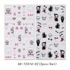 Halloween Nail Art Stickers 5D Embossed Skull Skeleton Cross Nail Decals