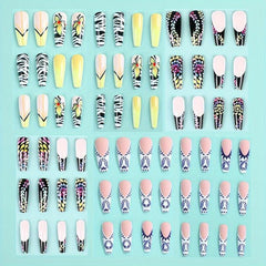 Summer Press On Nails 48 pcs Long Coffin Glue On Nails Set with Adhesive Tabs