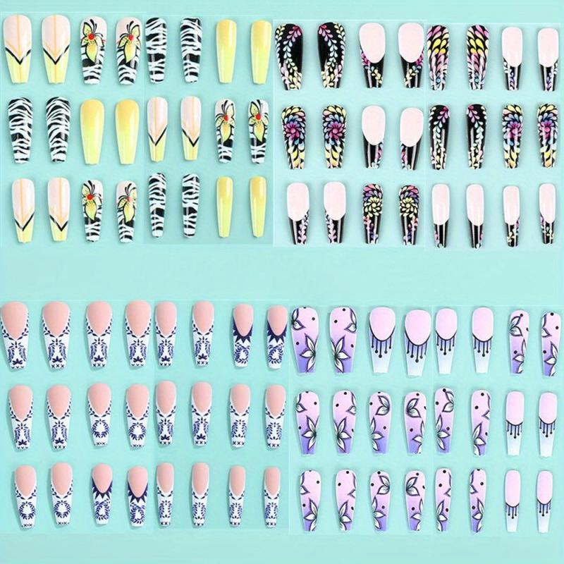 Summer Press On Nails 48 pcs Long Coffin Glue On Nails Set with Adhesive Tabs