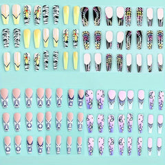 Summer Press On Nails 48 pcs Long Coffin Glue On Nails Set with Adhesive Tabs