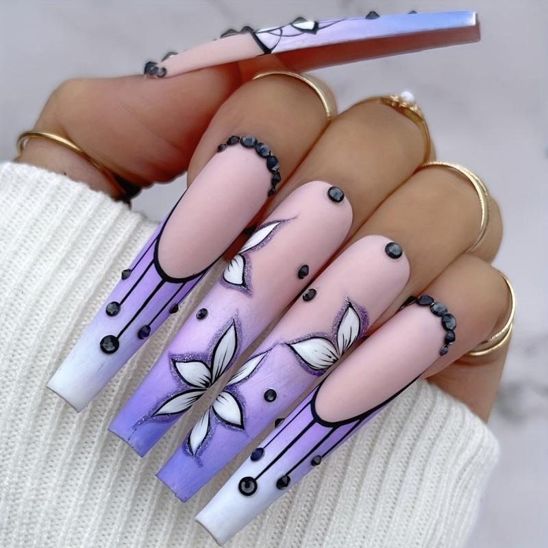 Summer Press On Nails 48 pcs Long Coffin Glue On Nails Set with Adhesive Tabs